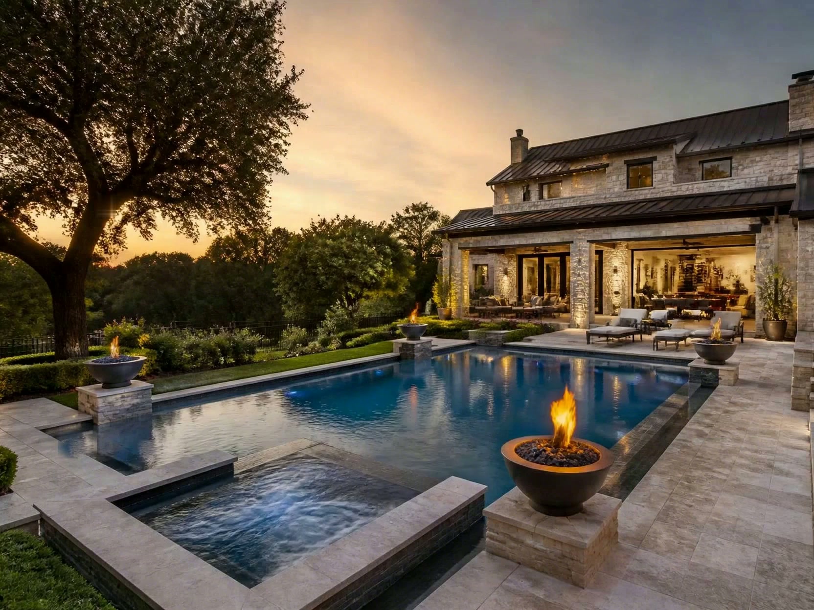 Luxury Texas estate with pool, spa, and fire bowls at sunset by Construction Company